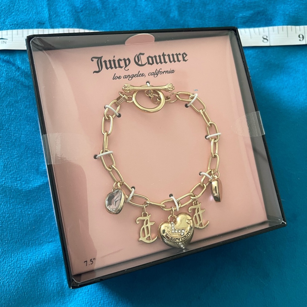Juicy Couture Gold-Tone Charm Bracelet with Heart and Crystal Charms